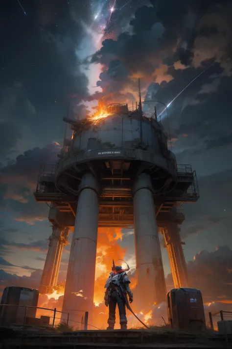 AI_Misaki, EpicSky,3d figure, standing, outdoors, multiple_boys, sky, cloud, night, cloudy_sky, fire, robot, star_(sky), scenery, starry_sky, science_fiction, ruins