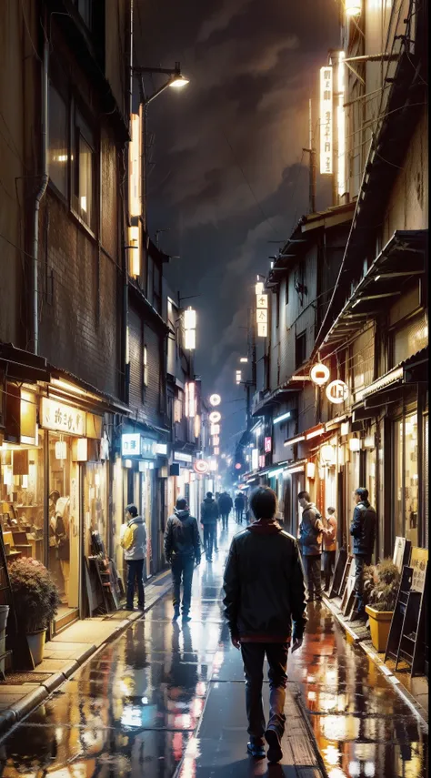 a lonely guy, an image of a bustling japan city street at night, where tall buildings are lit up with neon lights, and street la...