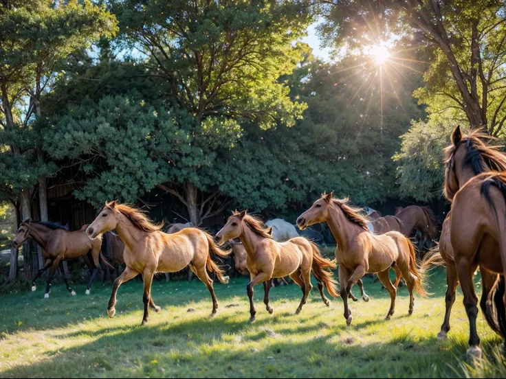 The large group of wild horses in the upper workshop rushed and frolicked. Swinging up the mane feathers illuminated by the sun into a thousand thousand golden threads, the boxer in the grass bowed its head to eat grass, The wind blew to the green grass