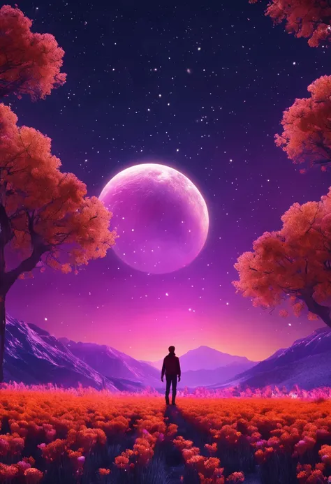 Vast landscape photos, (from below, the sky above, open fields below), a boy standing on a flower field looking up, (Full Moon: 1.2), (Meteor: 0.9), (Nebula: 1.3), Distant Mountains, Trees BREAK Making Art, (Warm Light Source: 1.2), (Firefly: 1.2), Lamps, ...