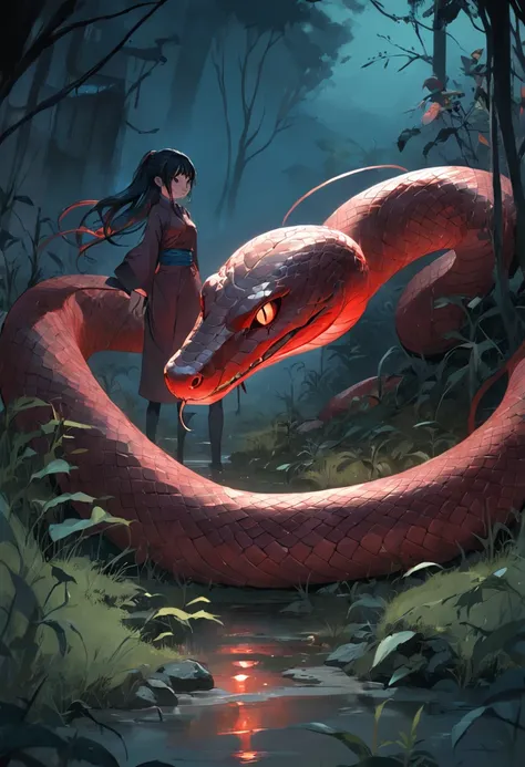 A wrist-thick red mang、Slippery snake tail，Skimming through the weeds，Eerie light，Dark night，high high quality，fog atmosphere，(Chinese folk suspense supernatural comic style),High detail, Sharp focus, Dramatic，The art of painting by Midjourney and Greg Rut...