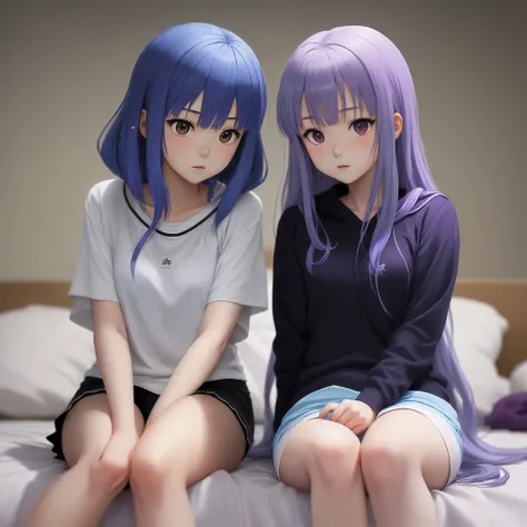 A girl with blue-purple hair，Sit on the bed with your knees folded
Two-dimensional anime style
White underwear，A strand of hair slipped down the front of the face