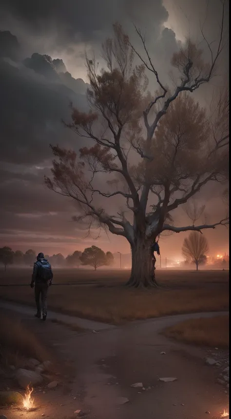 In this picture he is a male. Change background tree more dangerous and scary cinematic and do ground also dangerous night view