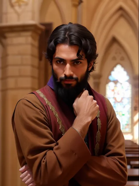 Man with beard and brown shirt standing in a church, como um personagem de fantasium medieval, Espinhos, Arsen Lupin como um paladino, inspirado em Osman Hamdi Bey, pano vermelho ao redor de seus ombros, Saadane AFIF, picture of a male cleric, Conde de Mon...