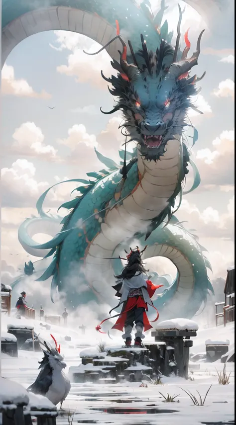 chinesedragon, dragon, letterboxed, holding, outdoors, bird, standing, cloud, 1samurai, weapon, from behind, sky, cloudy sky, animal, holding weapon, eastern dragon, monster, 1other, hat, fog