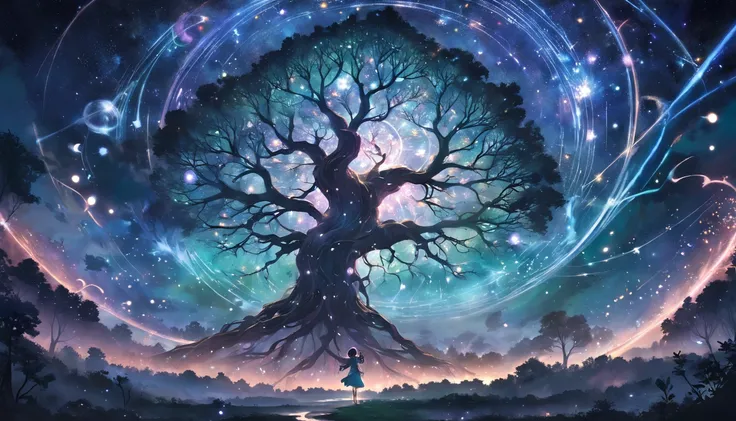 Imagine a vast night sky filled with sparkling stars, where constellations form mysterious and intriguing patterns. Below, an enchanted forest with ancient trees and intertwined roots, where fairies dance in magical circles. Sparks of light and mysterious ...