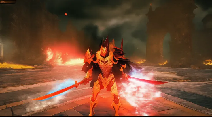 A man with a sword stood in the street, flame conjuring armored, black fire color reflected armor, In Dark Souls, berserk skullknight black armor, wielding a flaming sword, blazing infero, Before hell, pc screenshot, dark souls style, ruler of inferno, lor...