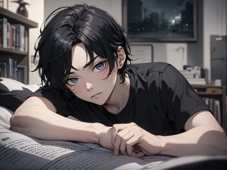 Absurd resolution, high resolution, (masterpiece: 1.4), hyper-detail, night, young man messy short black hair, black casual clothes, eerie room, lying in bed