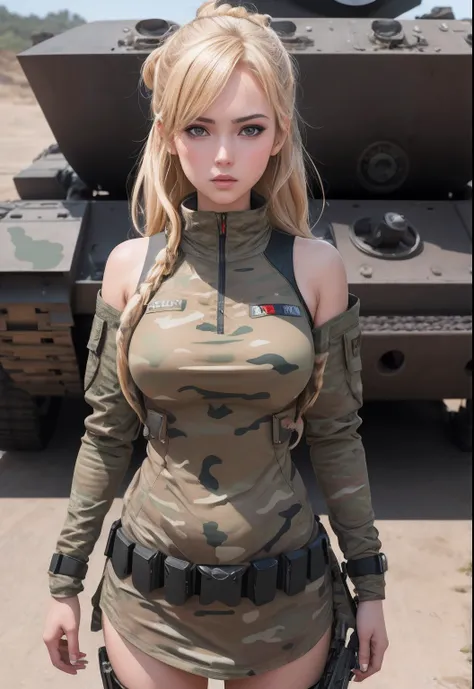 Arafed Woman in camouflage suit standing next to a military vehicle, Military girl, Infantry girl, soldier girl, mechanized soldier girl, bikini + Equipo militar hecho jirones, Hermosa mujer soldado, Vestido con armadura militar, M4 Sopmod II Chicas Frontl...