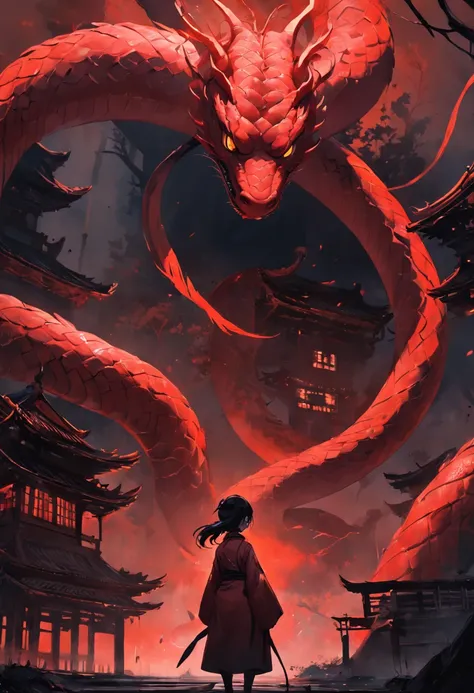 A red black-ringed snake，In the old house，Squinted eyes，Spit snake letters，Eerie light，Dark night，high high quality，fog atmosphere，(Chinese folk suspense supernatural comic style),High detail, Sharp focus, Dramatic，The art of painting by Midjourney and Gre...