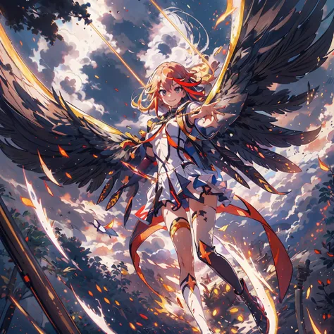 anime, flying through the sky with black angel wings, golden leotard armor, in battle, chaos, shooting laser beams from hands, m...