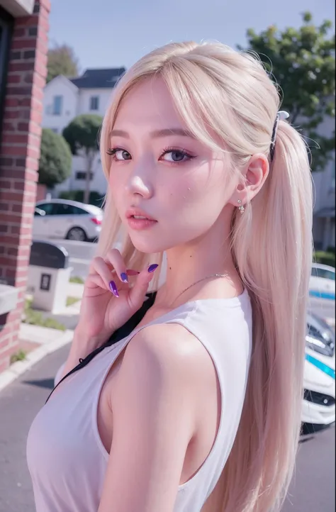 blond woman with long hair and a white top posing for a picture, roseanne park of blackpink, portrait of female korean idol, portrait of jossi of blackpink, ig model | artgerm, korean girl, tzuyu from twice, lalisa manobal, portrait of kpop idol, ulzzang, ...