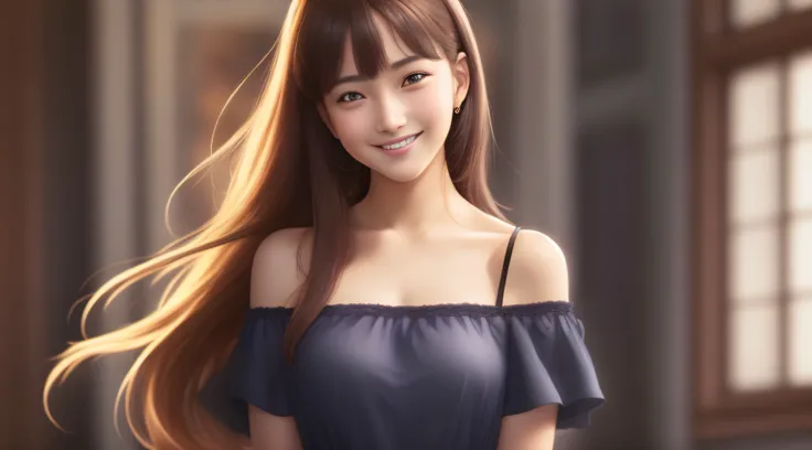 best quality, masterpiece, ultra high res, photorealistic, anime girl, offshoulder, smile