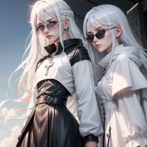 a woman with white hair and sunglasses standing in front of a white background, cara de anime alto com olhos azuis, Kaworu Nagisa, homem bonito anime, cabelos brancos, personagem de anime masculino, Hajime Yatatate, divindade de cabelos brancos, como um pe...