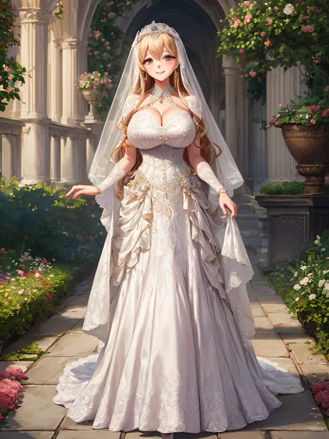 (masterpiece, best quality:1.2),1girl, (solo), cute, kawaii,digital art,((1 princess wearing beautiful embroidery and jeweled gorgeous wedding dress with voluminous full length hoop skirt)),crinoline,((gorgeous embroidery and beautiful lace)),(very giganti...