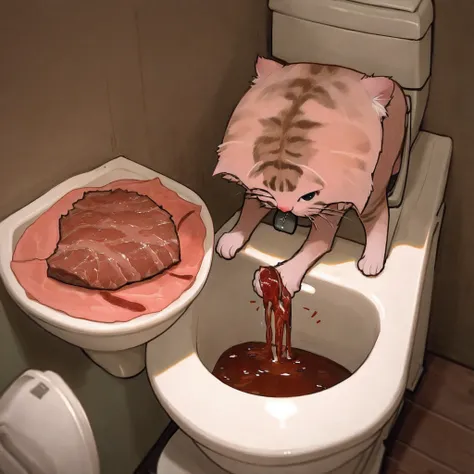 Half cat half chainsaw eating rotten meat from a toilet