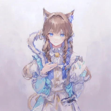 male people，Handsome prince，The face is sculptural，long whitr hair，with fair skin，blue color eyes，Cat ears，Slender and delicate fingers，Light brown hair，Long hair curls slightly and naturally droops，The long hair next to the left ear hangs down into braids...