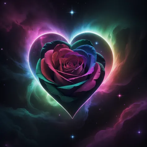 Luminous multicolored rose heart in a nebula in very high quality, background range, Bel art 4K UHD, 4k highly detailed digital art, High resolution. UHD, Hyper Details, Vibrant colors,