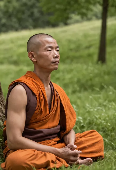 Closeup photo of a monk meditating on the top of a grassy hill, under a tree, runic tattoos on his body, wind blowing, serene atmosphere