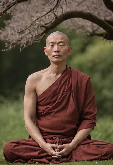 Closeup photo of a monk meditating on the top of a grassy hill, under a tree, runic tattoos on his body, wind blowing, serene atmosphere