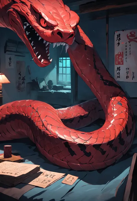 A red snake，At the head of the bed in the room，Squinted eyes，Spit snake letters，Eerie light，Dark night，high high quality，fog atmosphere，(Chinese folk suspense supernatural comic book style),High detail, Sharp focus, Dramatic，The art of painting by Midjourn...