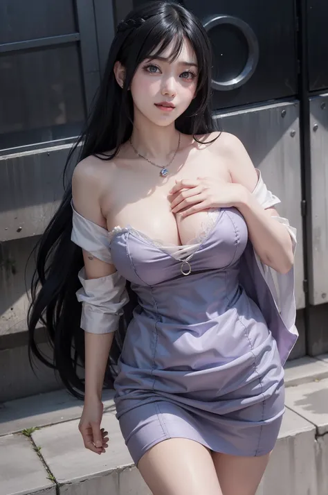 1girl, hyuga hinata in anime naruto, long hair, black hair, white eyes, smile, beautiful, sexy dress, sexy clothes, purple clothes, very big breast, realistic clothes, detail clothes, outdoor background, ultra detail, realistic