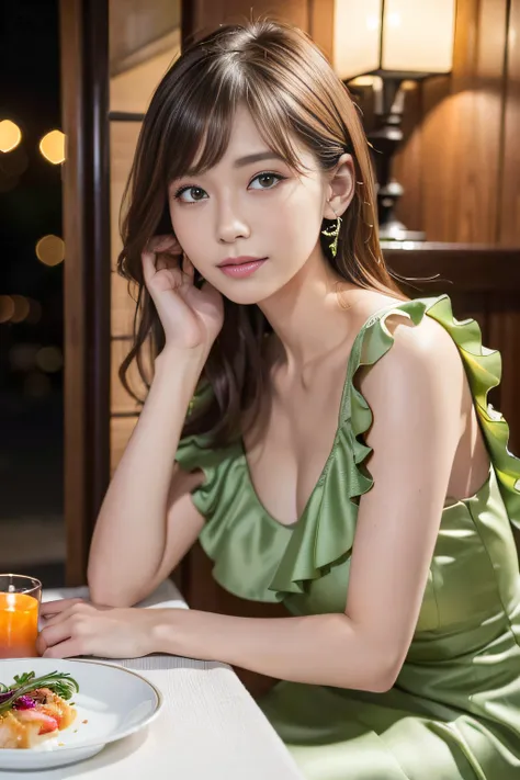 8K、Raw photography、(masuter piece:1.2)、(Photorealsitic:1.2)、(best qualtiy)、((Ruffled dress with light green leafy stems))、((adult lady))、((japanes、25-years old))、Light brown hair in one woman、((full body Esbian))、make - up、Smart body、A smile、Poses variadas...