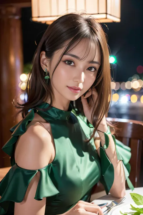 8K、Raw photography、(masuter piece:1.2)、(Photorealsitic:1.2)、(best qualtiy)、((Ruffled dress with light green leafy stems))、((adult lady))、((japanes、25-years old))、Light brown hair in one woman、((full body Esbian))、make - up、Smart body、A smile、Poses variadas...