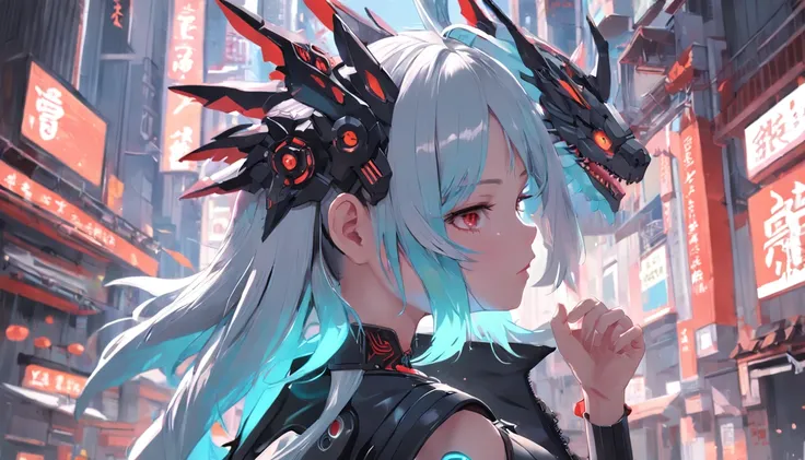 Anime girl with dragon headdress and dragon on her shoulder, cyberpunk art inspired by Ai Xuan, pixiv contest winner, Fantasy art, Guviz-style artwork, Digital cyberpunk anime art, Digital anime illustration, style of anime4 K, digitl cyberpunk - anime art...