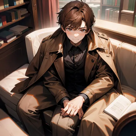 A boy with, A brown-haired, Brown eyes, A bad smile, frontage，wearing a brown coat，full bodyesbian，Sit in a seat in the library