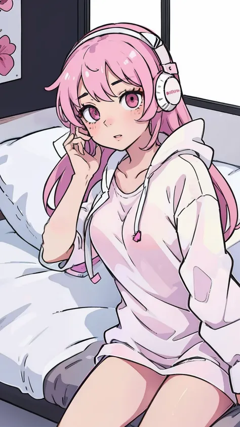 a girl anime with white headphone and sleepwear , pink eyes, sexy