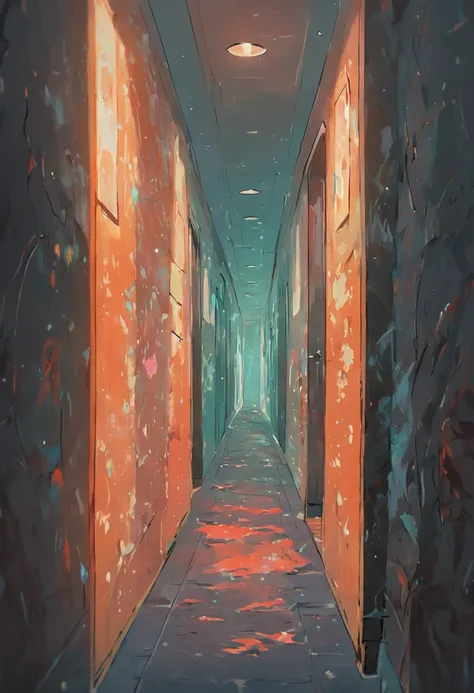 A long, narrow corridor with peeling wallpaper and flickering lights.