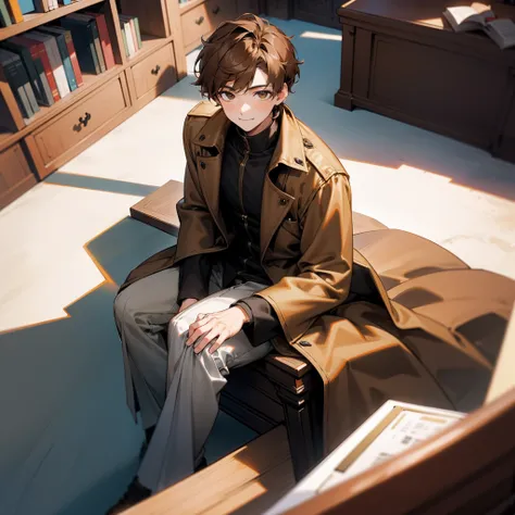 A boy with, A brown-haired, Brown eyes, A bad smile, frontage，wearing a brown coat，full bodyesbian，Sit in a seat in the library