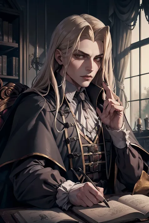 1homme, bel homme, upper body portrait of alucardcastlevania wearing a court suit in the bedroomgothic room, bougie, regarder le...