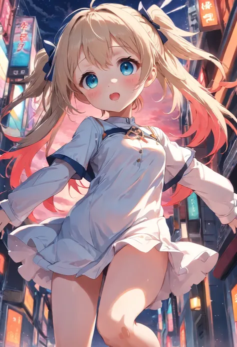 Cute loli，Barefoot，Tummy down，head looking up，Raise your feet，shift dresses，white  panties，largeeyes，Anime cute face，