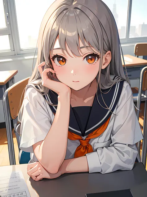 masterpiece, best quality, 1 girl, gray hair, orange eyes, school uniform, classroom, sitting at desk, bored, front view