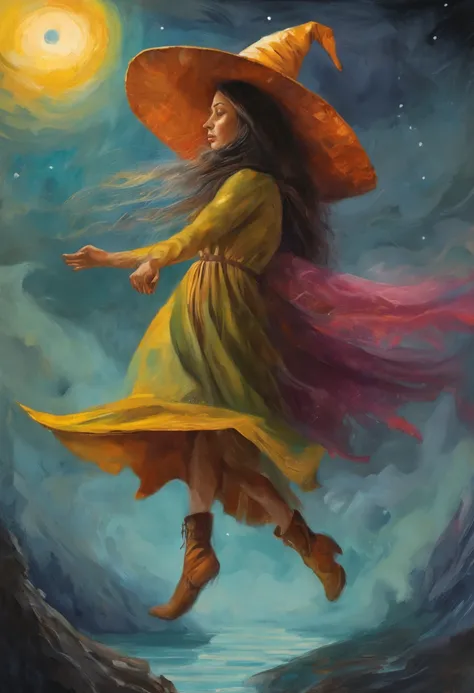 masterpiece, best quality, ultra-detailed, illustration, 1girl, solo, fantasy, flying, broom, night sky, outdoors, magic, spells, moon, stars, clouds, wind, hair, cape, hat, boots, broomstick, glowing, mysterious, enchanting, whimsical, playful, adventurou...