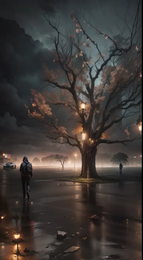 In this picture he is male. Walking sadly forward change the background dangerous like raining and thundering dark view and change tree more dangerous and realistic night view