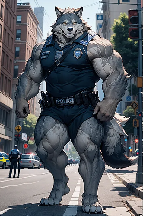 ((solo, 1boy)), (a strong and muscular man (furry wolf) standing confidently on a urban city), (as police), ((wearing police uni...