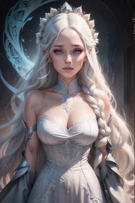 Panorama of a woman with long white hair wearing lace, magali villeneuve, inspired by Magali Villeneuve, portrait of elsa of arendelle, graphic artist magali villeneuve, Realistic fantasy illustration, beautiful fantasy art portrait, Extremely detailed Art...