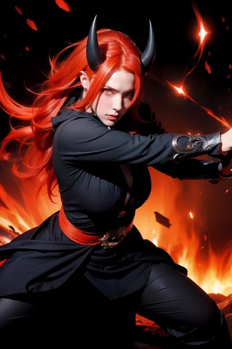 woman with red hair, orange eyes, black horns, dark mystical background, fighting stance