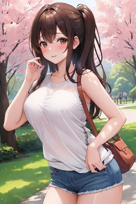 (masterpiece), (best quality), (ultra detailed), 1girl, ssexy pose, blush,medium breasts, casual clothes, happy, looking at viewer, large hair, brown hair, in the park with trees, shy