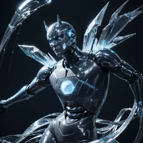 A blue robot inspired by the blue frozen ice, muscular, glowing eyes, body made of ice, ice curves on the body, blue ice on the chest, photography style, real landscape, (iced texture: 1.8), (super detail: 2), (super high resolution: 1.6), (carbon fiber: 1...