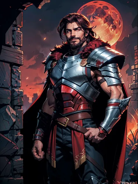 Dark night blood moon background, Darkest Dungeon style, standing by the wall. Todd Smith as Ares from Xena, athlete, short mane hair, mullet, defined face, detailed eyes, short beard, glowing red eyes, dark hair, wily smile, badass, dangerous. Wearing ful...