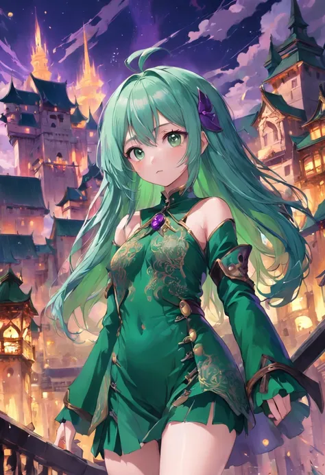 cyanhair，Purple eye，Green clothes，Castle fantasy，Good-looking legs，hair adornments，Ultra photo realsisim，Castle