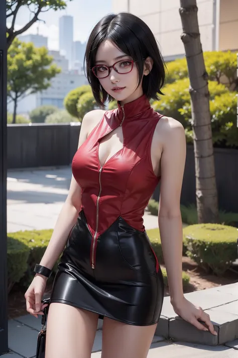 1girl, uchiha sarada in anime boruto, short hair, black hair, red eyes, smile, beautiful, sexy dress, sexy clothes, wear red glasses, red clothes, very big breast, realistic clothes, detail clothes, outdoor background, ultra detail, realistic