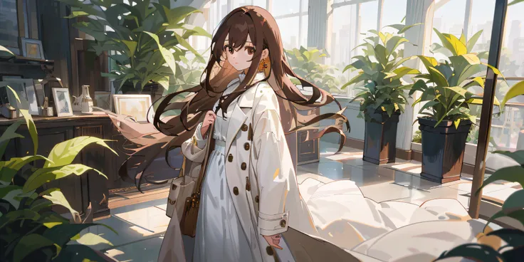 (masterpiece, best quality),long hair, brown hair, plant, looking at viewer, brown eyes, bag, white coat, long sleeves, indoors, holding, bangs, coat, solo focus, dress, standing,, white dress, 1girl, jewelry, earrings, hair between eyes, open clothes