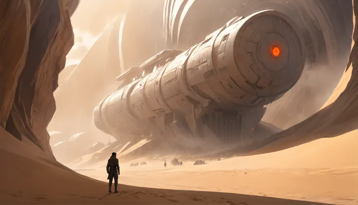 Dune concept art，Clean and neat tones，Sci-fi base scene，Huge scene，Square-shaped complex，Soviet aesthetic architecture，huge buildings，There are many ships in the air，Size contrast，crowd of，Soldiers versus soldiers，Big scenes of war，smog，epic concept art，Fi...