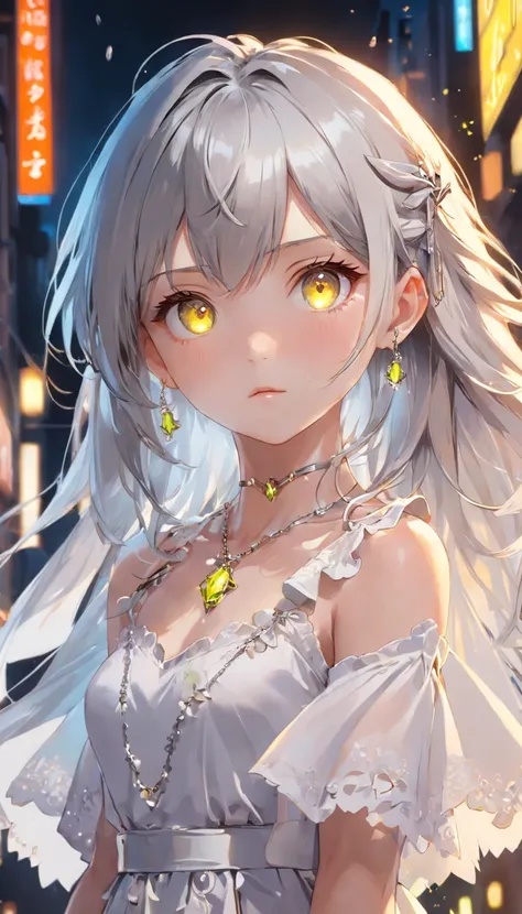 lime yellow, platinum earrings, platinum necklace, white dress, 1girl, cute, (dynamic lighting:1.2), cinematic lighting, delicate facial features, detailed eyes, sharp pupils, realistic pupils, depth of field, bokeh, sharp focus, (hyper-detailed, bloom, gl...