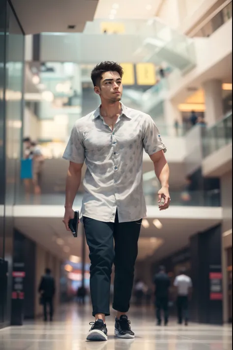 there is a man standing on a glass platform looking at his cell phone, appearing in a shopping mall, full body photogenic shot, taken with sony alpha 9, in a mall, full body picture, at a mall, candid picture, candid photo, full body profile camera shot, t...